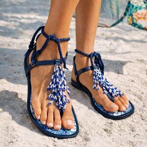 Farm Rio Blue Beaded Flat Lace Up Sandals White Vacation Size 6 NEW WITHOUT BOX